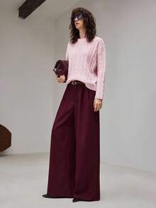 Ontre 2025 New Arrival Women's Knitted Blend Sweater, Solid Color, Modern Urban Style, Pink, Soft Knit Fabric, Loose H-Line Silhouette, Round Neck, Business Casual, Commuter, Daily Wear, Autumn/Winter, Cable Knit Pattern, Suitable For Halloween, Christmas, Vacation Party, Wedding Guest, High-End Design, Ladies Outerwear Top, Comfortable & Versatile, Fashionable Women Sweater