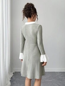 少女 V 领罗纹羊毛罗纹长袖 A 字修身休闲连衣裙，适合外出和聚会，简约风格 - 灰色 - 查看 2