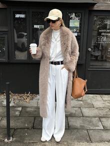 Elyressa Women's Faux Fur Collar Long Coat Jacket - Brown - View 5