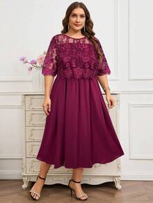 Reflora Plus Size Mesh Patchwork Embroidered Round Neck Elegant Dress - Burgundy - View 5