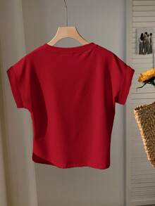 SHEIN EZwear 2pcs Black & Red Round Neck Short Sleeve T-Shirt, Suitable For Summer,Red Top