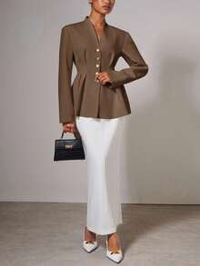 COSMINA 秋季女装女士优雅腰部收紧纽扣薄款西装外套，秋冬，女士教师装，商务休闲女装 - 咖啡棕 - 查看 4