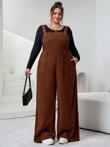 SHEIN CURVE+ Plus Size Women Brown Ribbed Fabric Jumpsuit, Autumn/Winter