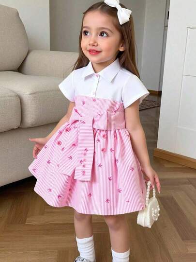 SHEIN Elladie kids Girls Summer New Fashion Elegant Dress, Shirt Panel Design With Belt, Elegant OL Commuter Style Dress