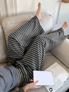 DAZY 女士舒适条纹拉绒宽松睡裤，秋冬款 - 灰色 - 查看 5