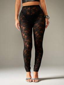 MISSGUIDED Sparkly Black Lace Pattern Leggings Evening Party Club Festival Holiday Night Out Glitter Mesh Stretch Pants Sheer Floral Transparent - Black - View 1