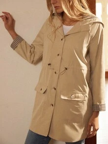 Écloséra Women's Drawstring Waist Slimming Hooded Contrast Plaid Mid-Length Autumn And Winter Button Casual Commuter Jacket - Khaki - View 6