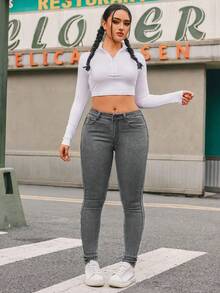 SHEIN ICON Quần jean lưng thấp dáng ôm, giặt thường ngày cỡ lớn - Màu Xám nhạt - Xem 3