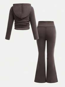 SHEIN 2 件套年轻女孩街头时尚百搭休闲运动服、连帽衫和喇叭裤套装，灰色 - 深灰色 - 查看 8