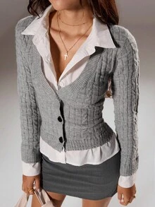 SHEIN TRNDY 1pc Women's Cardigan, Gray Autumn/Winter Personalized Shirt Collar 2 In 1 Cable Button Design Knit Casual - Light Grey - View 6