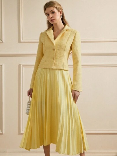 Aveloria Revavyn Cream Yellow Elegant Retro Metal Pearl Button Short Blazer Jacket Paired With Pleated Long Skirt Women's Suit Set