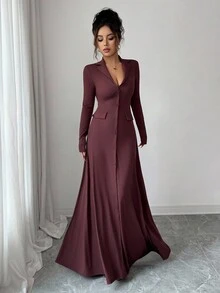 SHEIN Elenzya 女式标准尺码纯色罗纹修身优雅针织连衣裙，秋冬 - 咖啡 - 查看 6