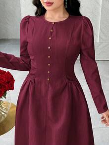 Feyla Elegant French Style Waist Cinching Pockets Minimalist Chic Slimming Dress - Burgundy - View 2