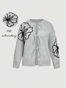 SHEIN MOD Plus Size Casual 3D Floral Lace-Up Knitted Cardigan, Autumn/Winter,Floral Embroidered,Elegant Casual Women Cardigans 3D Floral Contrast Color Cardigan Sweater, For Winter Fall,Winter Clothes For Women,Christmas  ,New Year