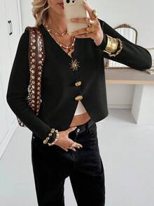 Siren Gaze Cárdigan de punto con decoración metálica para mujer, ropa casual de otoño e invierno - Negro - Ver 1