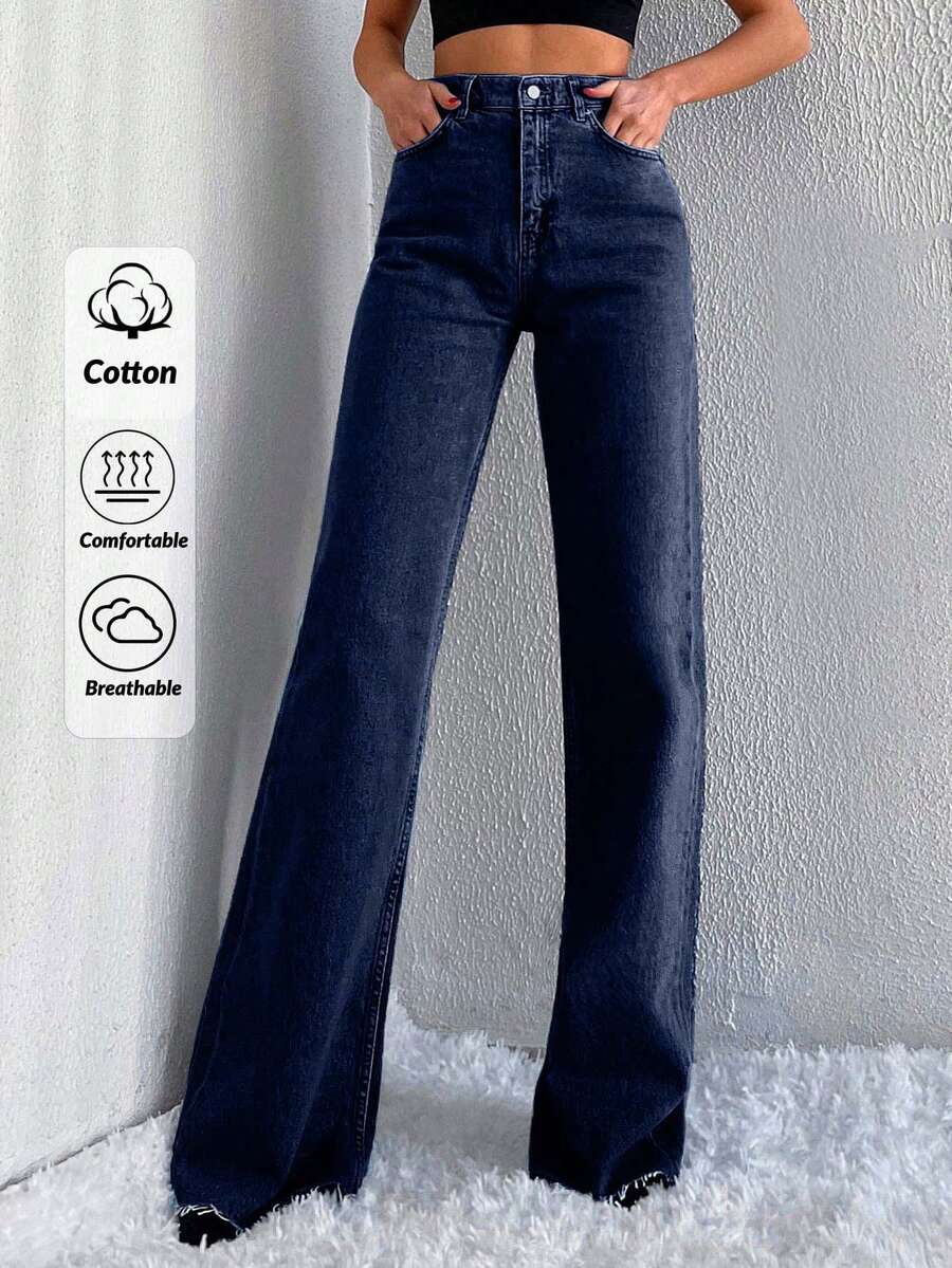 SHEIN Tall Jeans a vita alta in cotone 100%, gamba ampia con orlo grezzo, per taglie TALL