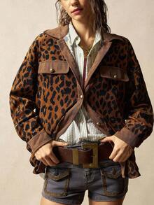 Bohemela BOHO Autumn/Winter Country Vacation Style Woven Leopard Print Loose Fit Women's Regular Thin Jacket - Mocha Brown - View 3