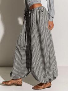 Athîral Women's Plaid Elastic Waist Loose Casual Balloon Pants, Summer - Black - View 6