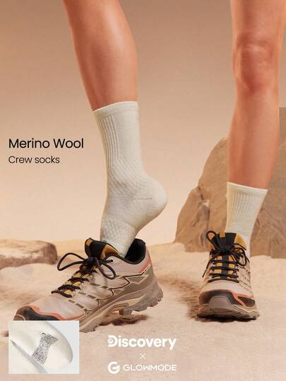 GLOWMODE X Discovery 1-Pair 70% Merino Wool Cozy Warm Soft Stretchy Seamless Toe Breathable Mesh Anti-Slip Sole Crew Hiking Sock Outdoor Running Workout Active