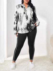 Easithlete Große Größen Batik Schwarz & Weiß Langarm Top & minimalistischer langer Sporthose Anzug