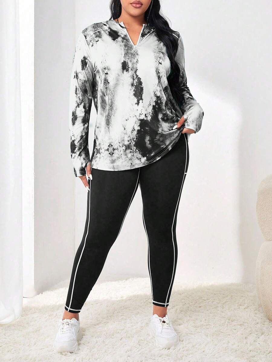 Easithlete Große Größen Batik Schwarz & Weiß Langarm Top & minimalistischer langer Sporthose Anzug