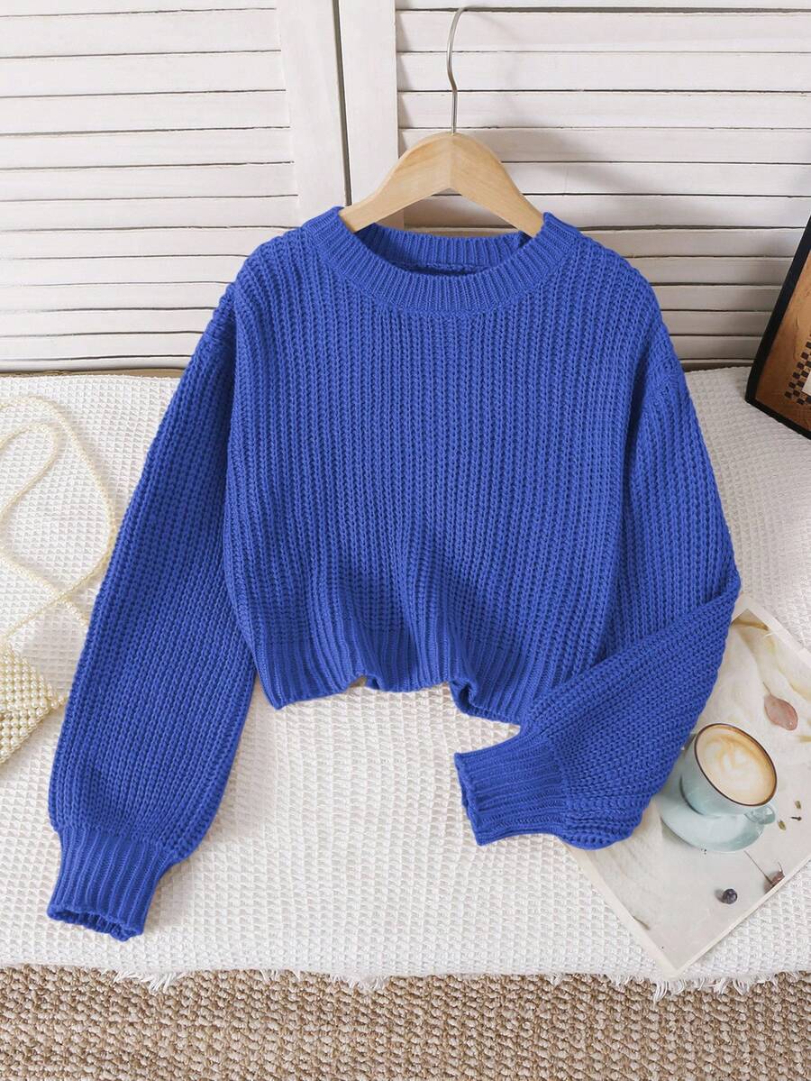 SHEIN Tween Girls' Solid Color Long Sleeve Casual Cropped Pullover Sweater, Autumn Blue Sweater Cropped Sweater Blue Clothes Teen Cropped Blue Sweater Blue Knit Sweater Summer Clothes For Teens Sweater Blue And White Set Teen With Sweater Pastel - Blue - View 1