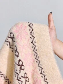 ROMWE Avant Y2K Fairisle 奶油色心形与十字提花仿皮草裹腰系带开衩针织迷你裙女款 - 彩色 - 查看 7