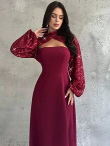 Firerie Women's Burgundy Stand Collar Long Sleeve Sequin Patchwork Knitted A-Line Maxi Dress, Sexy & Elegant For Banquet, Party, Burgundy A-Line Dress, Holiday Dress, Romantic Vintage Maxi Dress, Suitable For Spring, Autumn, Winter, Elegant, Commute, Date, Party, Wedding, Graduation, Performance, Concert, Work, Annual Meeting, Women's Birthday Dress,New Year Clothes - Burgundy - View 5