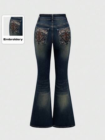 PETITE Jeans a zampa di donna in stile retrò Y2K con stampa leopardata e ricamo di lettere