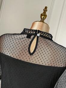 Cravure 大码女式花卉蕾丝拼布长袖连衣裙 - 黑色 - 查看 3