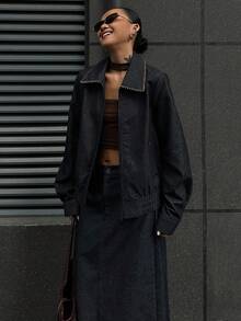 Livesso Bộ 2 món áo khoác và chân váy denim dáng rộng, phong cách đường phố cổ điển dành cho nữ, thời trang công sở, màu sắc tương phản, trang trí đường may thời trang thu đông - Màu xanh hải quân - Xem 6