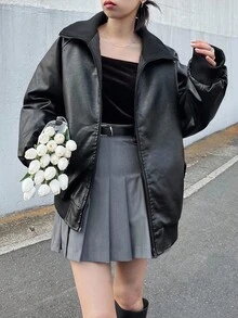 FRIFUL Women's Black Solid Color PU Fabric Stand Collar, Cuff & Hem Drawstring Loose Casual Padded Coat, Suitable For Autumn/Winter Jacket