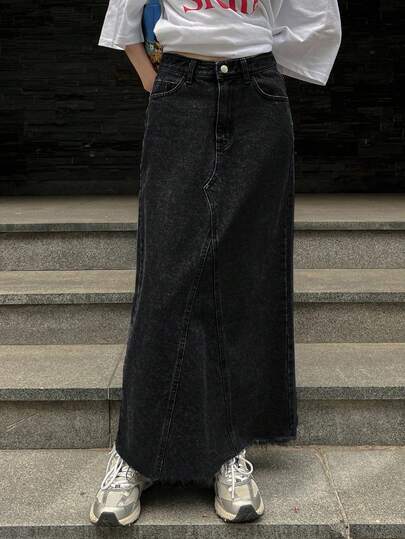 DAZY Women's Solid Color Denim Skirt With Pocket And Raw Edge Detail, Casual Jeans Skirt