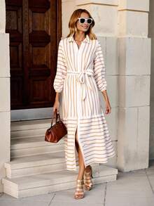 INAWLY 女款 SZ061 杏色长袖条纹衬衫裙 - 杏色 - 查看 3