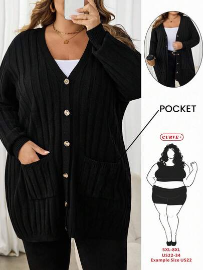 SHEIN CURVE+ Plus Size Women Loose Cardigan Sweater, Business Casual Country Holiday Top, Winter