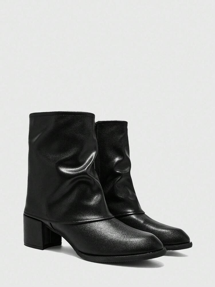 CUCCOO BIZCHIC Women's Fashion Side Zipper Pleated Shaft Boots, Retro Casual Comfortable Versatile Black Mid-Calf Boots
