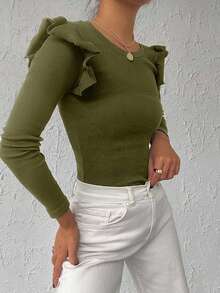 EURMUSE 95% Cotton Ribbed Knit Ruffle Trim Tee - Army Green - View 3