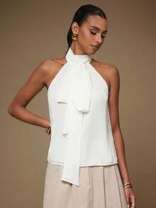 L'Amorae Double Layer Chiffon Bow Tie Neck Blouse - White - View 2