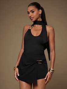 L'Amorae Wrap Mini Skort With Gold Ornament Trim Business Casual Office Attire - Black - View 1