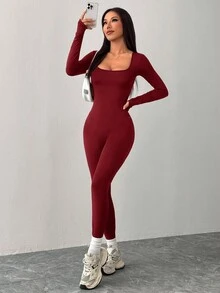 SHEIN PETITE 黑色针织方领紧身休闲运动瑜伽连体裤 女士运动服套装 健身服 女士套装 长袖运动套装 红色运动连体裤打底裤套装 女士运动服套装 红色运动套装 健身连体裤 - 酒紅色 - 查看 4