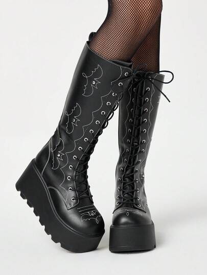 Grunge Punk 2025 Autumn/Winter New Round Toe Lace-Up Punk Style Platform Thick Sole Boots, Leather Outdoor Fashion Slip-On Over-The-Knee Boots