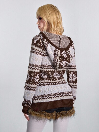 ROMWE Avant Pull à capuche en jacquard à imprimé géométrique de style rétro Fair Isle avec pompon pour femmes