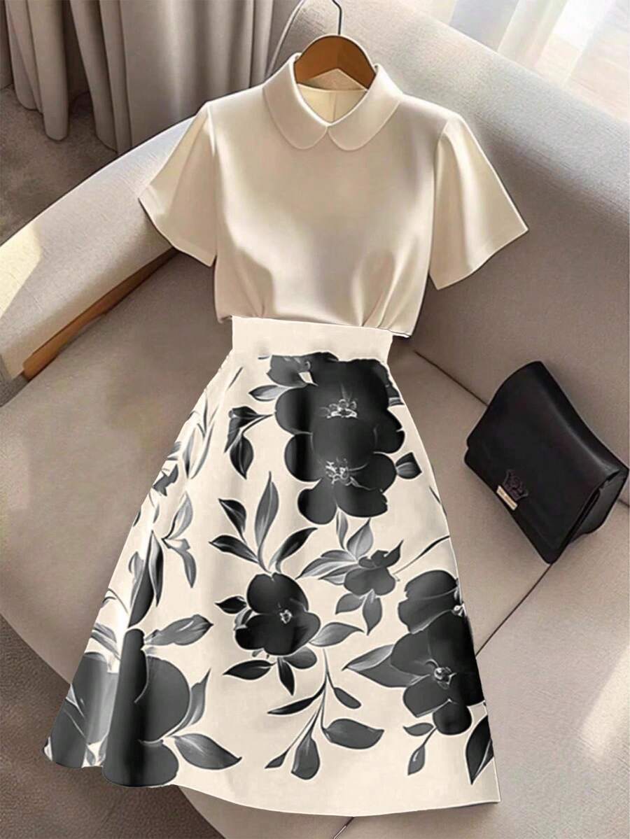 Franclia Women's Elegant Peter Pan Collar Short Sleeve Blouse & Printed Skirt 2 Pieces Set - Khaki - View 1