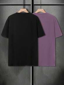 Manfinity Homme 2 piezas Camiseta de manga corta de cuello redondo casual de unicolor para hombre - Negro - View 4
