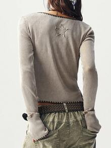 Bohemela 女式休闲纯色撞色V领长袖针织T恤，秋冬 - 紫紅色 - 查看 7