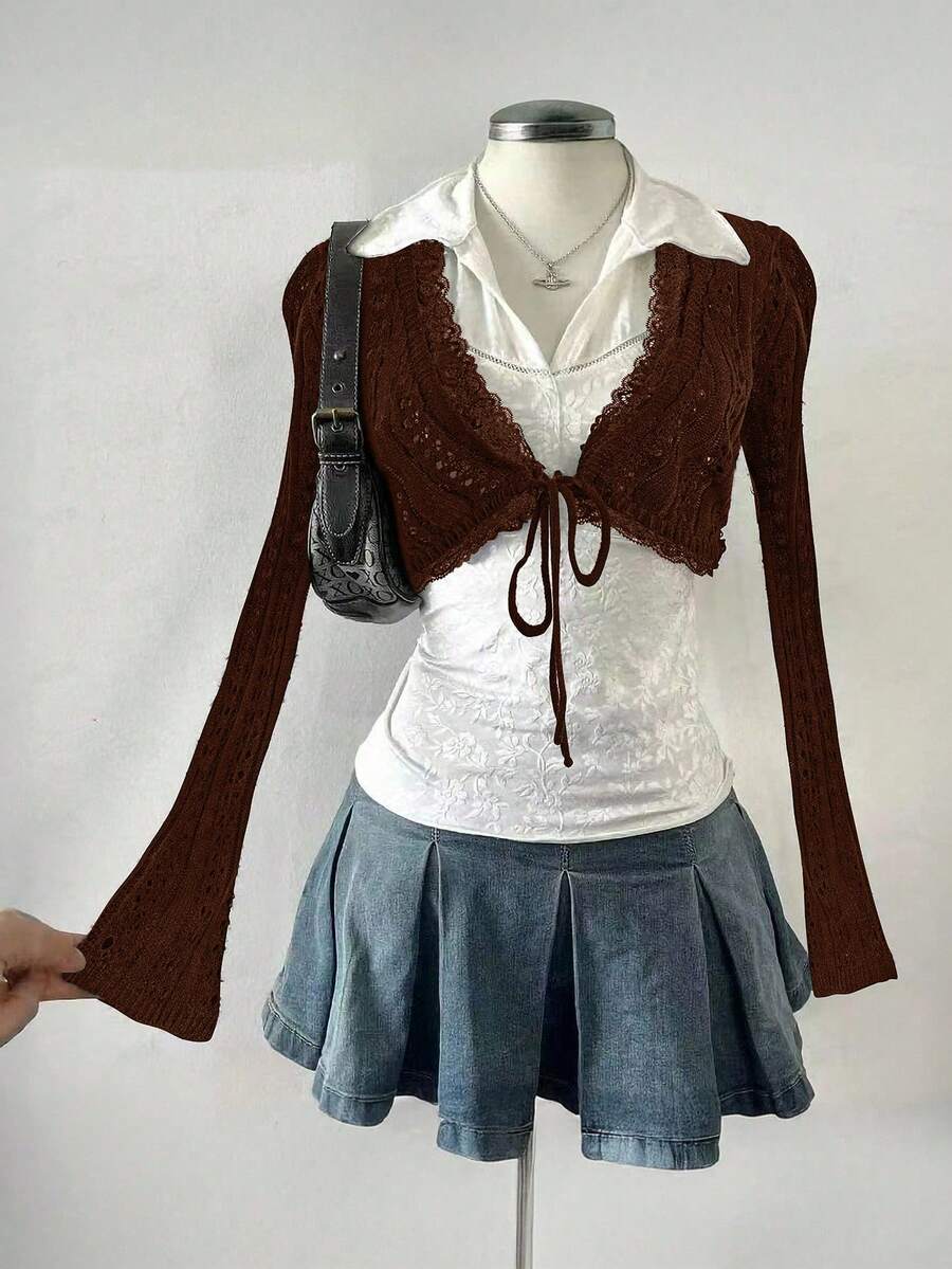 Celisse 女式休闲度假风格深 V 领撞色蕾丝前系带短款镂空轻薄开衫，秋季 - 咖啡棕 - 查看 1