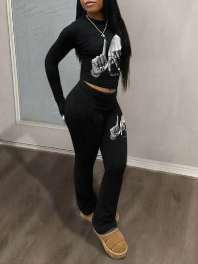 Slaydiva Fall Clothes For Women/Winter Clothes For Women/Sets 2 Pieces Women/Flare Jeans/Long Sleeve Tops/Casual Round Simple Collar Long Sleeve Yoga Pants Short Pleated Top Yoga Wide Leg Pants Flared Pants Trousers Women's Two Pieces Suit/Y2k Clothes/Streetwear/Going Out Tops Women/Los Angeles Fingers Sticker Graphic