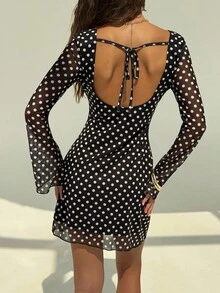 Aloruh Women's Polka Dot Print Round Neck Long Sleeve Backless Tie Design Fashion Dress