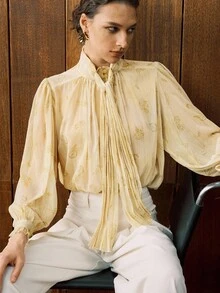 EMERY ROSE 女式法式荷叶边领迷你围脖领灯笼袖衬衫 - 杏色 - 查看 5