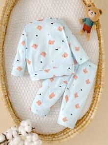 SHEIN 2件套新生儿可爱小熊图案上衣和裤子，婴儿男女通用春秋冬季套装 - 藍色 - 查看 3